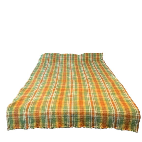 April Cornell Orange Yellow Green Plaid and Fringe Rectangular Tablecloth 80x54 - Picture 2 of 9